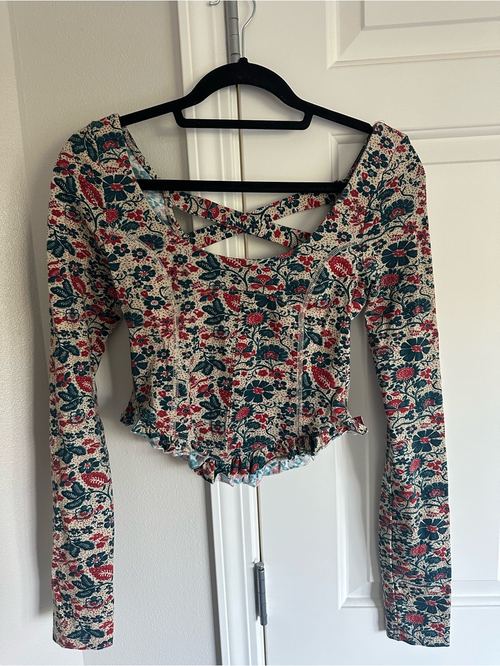 Free People Floral Cropped Long Sleeve Top in Cream, Green, Red
